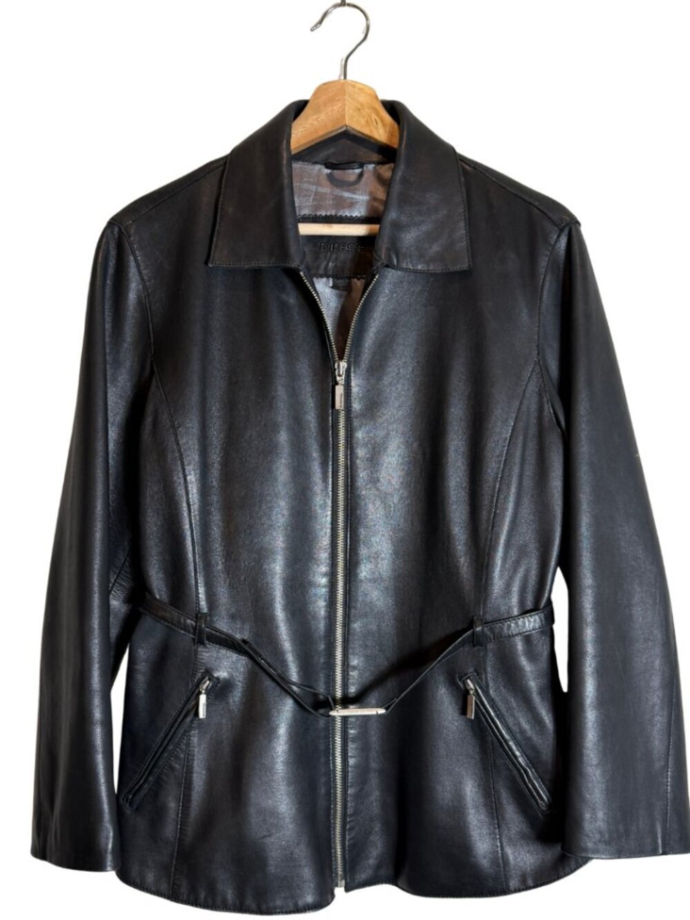 Y2K Guess Genuine Leather Belted Full Zip Jacket Women's Large Black Biker Moto